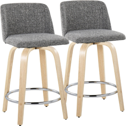 Toriano 24" Swivel Counter Stool in Natural Wood & Grey Noise Fabric with Chrome Footrest (Set of 2)